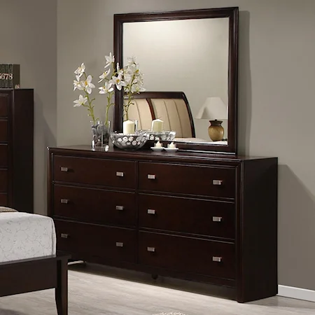 Transitional Six Drawer Dresser with Square Mirror Combination